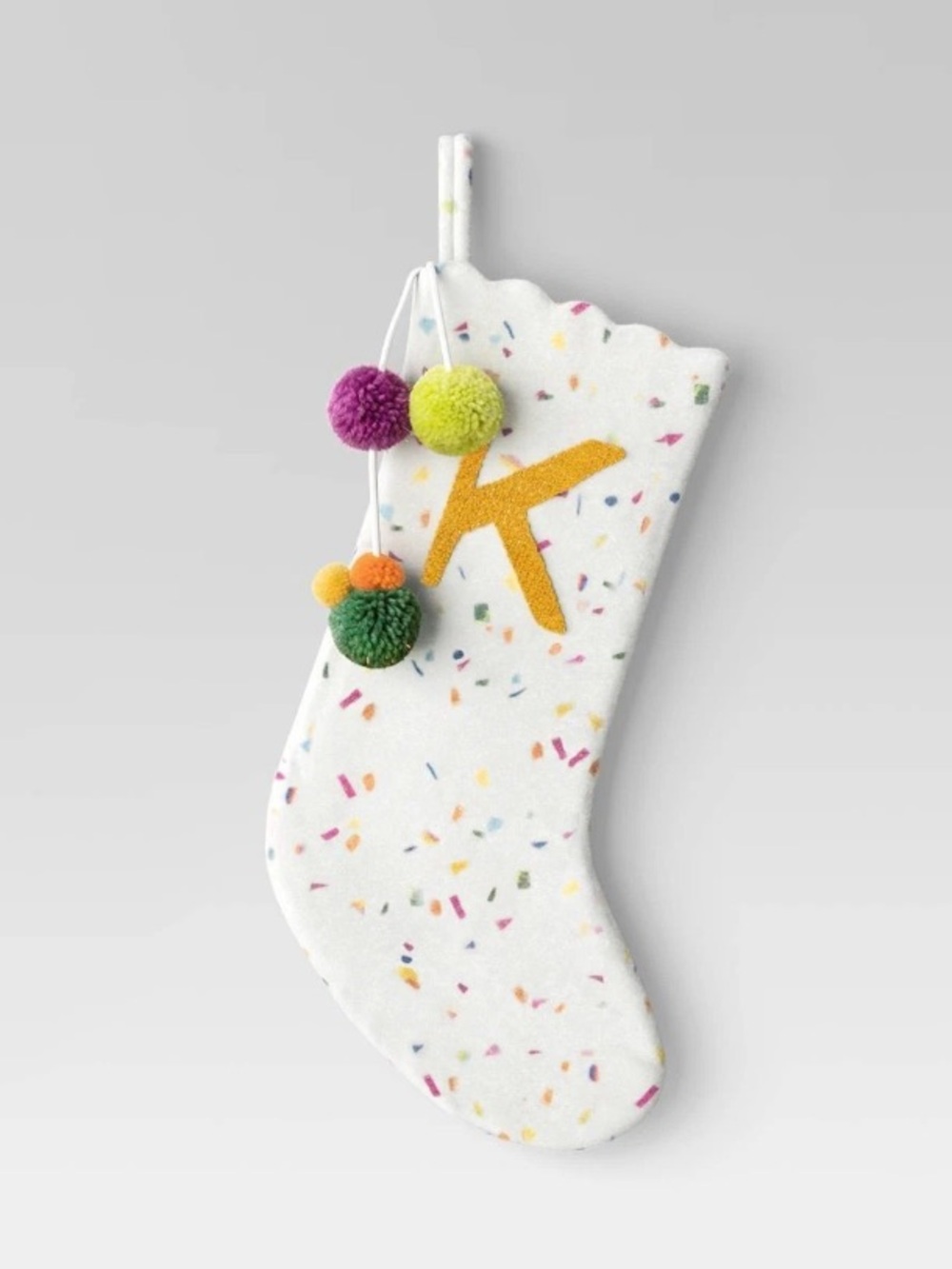 Opalhouse Personalized White Stocking with Gold 'K' and Colorful Pom-Poms
